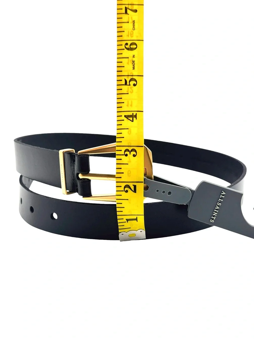 NWT AllSaints Women’s Black Leather 30mm Western Hexagonal Buckle Belt - Size S